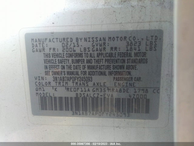 2015 NISSAN SENTRA S VIN: 3N1AB7AP0FY245093