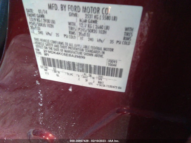 2014 FORD EDGE LIMITED VIN: 2FMDK4KC6EBA29899