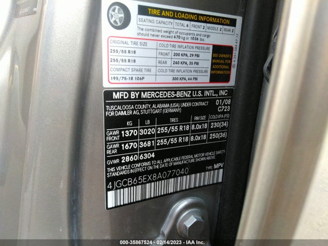 2008 MERCEDES-BENZ R-CLASS 3.5L VIN: 4JGCB65EX8A077040