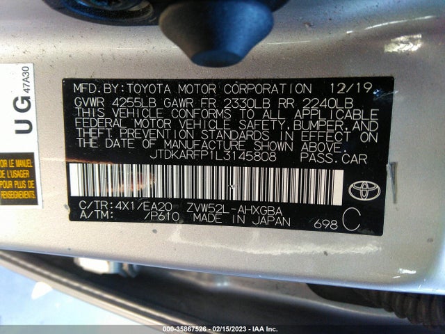 2020 Toyota Prius Prime Le/xle/limited მანქანა იყიდება აუქციონზე, vin: JTDKARFP1L3145808, აუქციონის ნომერი: 35867526
