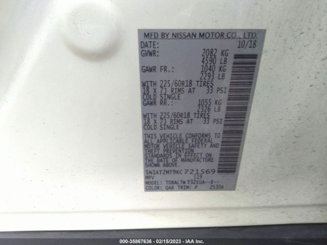 5N1AT2MT9KC721569 Nissan ROGUE SV