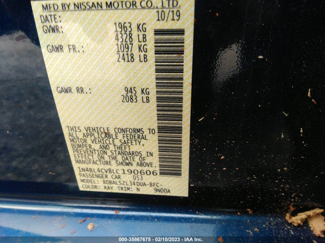 2020 NISSAN ALTIMA 2.5 SR VIN: 1N4BL4CV8LC190606