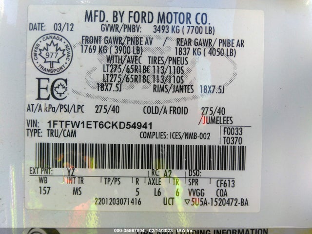 2012 FORD F-150 XL/XLT/FX4/LARIAT VIN: 1FTFW1ET6CKD54941