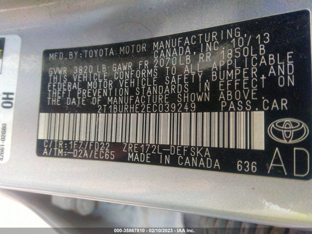 2014 TOYOTA COROLLA L/LE/S/S PLUS/LE PLUS VIN: 2T1BURHE2EC039249