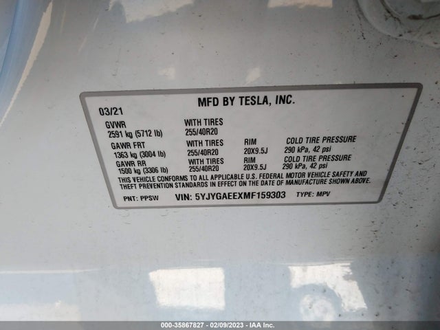 Tesla Model Y Long Range 2021 5YJYGAEEXMF159303 Image 9