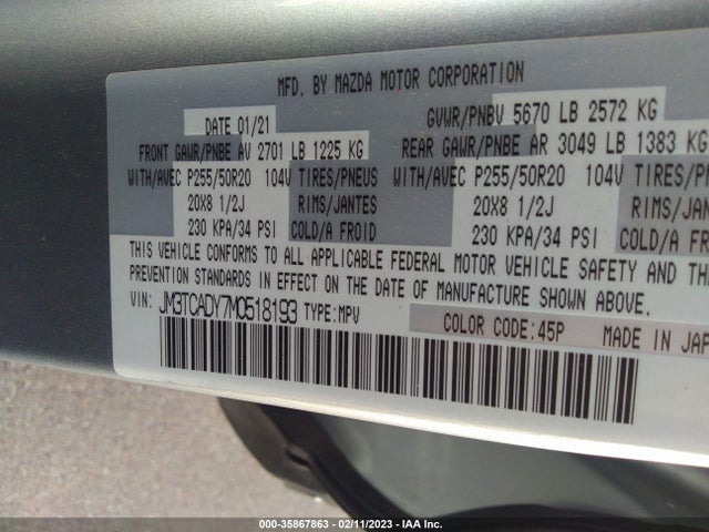 2021 Mazda CX-9, VIN: JM3TCADY7M0518193