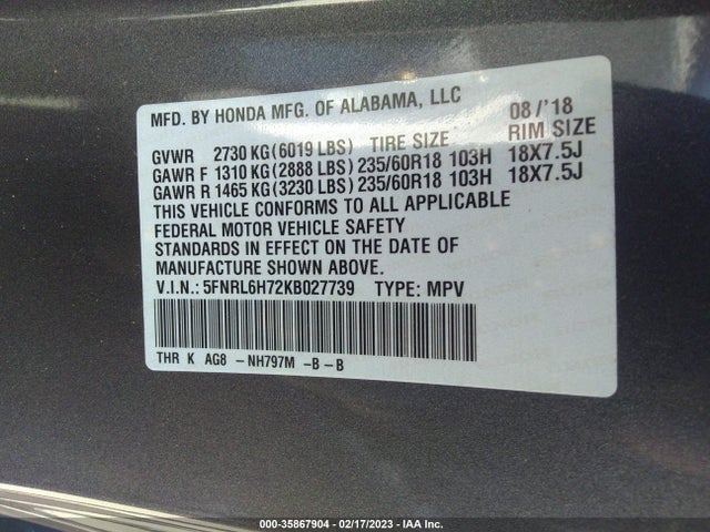 Honda Odyssey Ex-l 2019 5FNRL6H72KB027739 Image 9