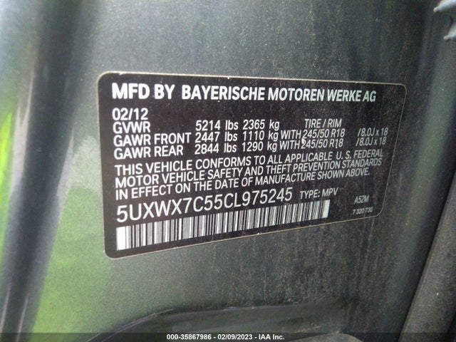 2012 BMW X3 35I VIN: 5UXWX7C55CL975245