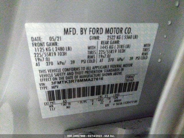 2021 FORD MUSTANG MACH-E PREMIUM VIN: 3FMTK3R78MMA27616