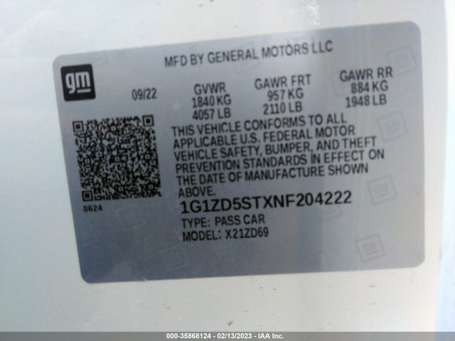 2022 CHEVROLET MALIBU LT VIN: 1G1ZD5STXNF204222