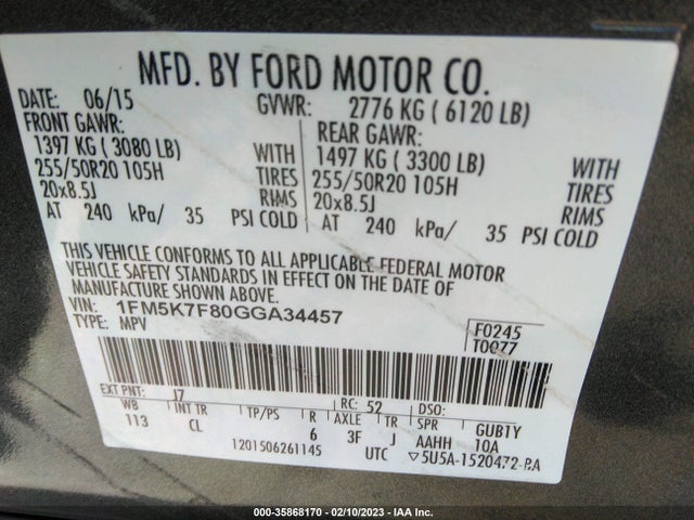2016 FORD EXPLORER LIMITED VIN: 1FM5K7F80GGA34457