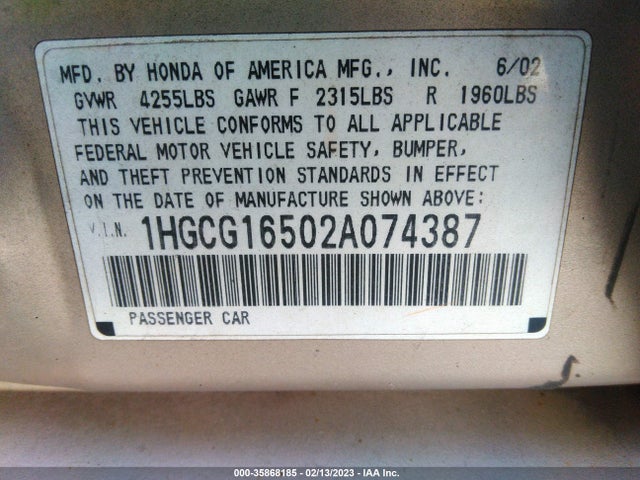 2002 HONDA ACCORD SDN EX W/LEATHER VIN: 1HGCG16502A074387