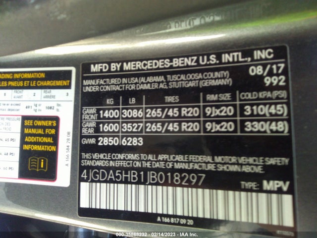 2018 Mercedes-Benz GLE-Class, VIN: 4JGDA5HB1JB018297