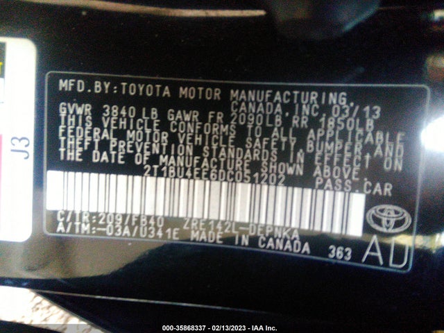 2013 TOYOTA COROLLA L/LE/S VIN: 2T1BU4EE6DC051202