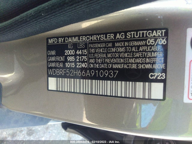 2006 MERCEDES-BENZ C-CLASS SPORT VIN: WDBRF52H66A910937