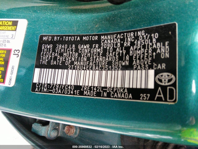 2010 TOYOTA COROLLA VIN: 2T1BU4EE8AC351352