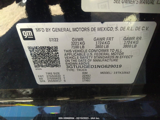2022 GMC Sierra 1500, VIN: 3GTUUGED1NG629019