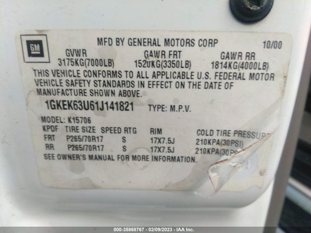 GMC YUKON DENALI 2001 1GKEK63U61J141821 Image 9
