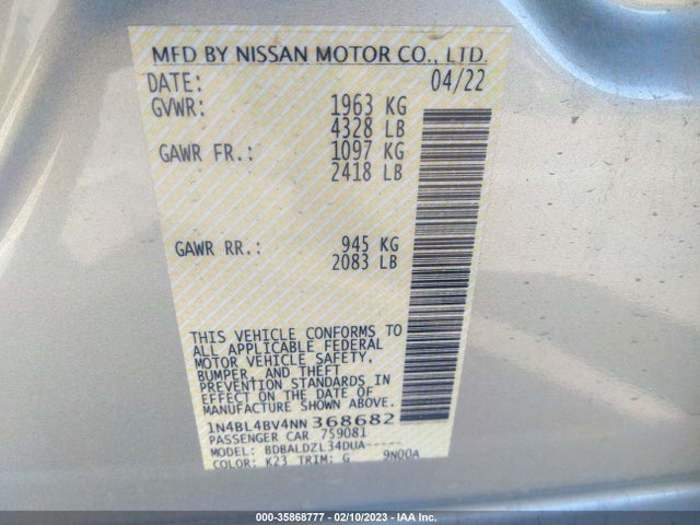 2022 Nissan Altima, VIN: 1N4BL4BV4NN368682