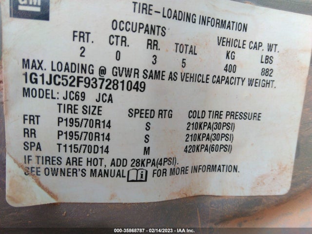 2003 CHEVROLET CAVALIER VIN: 1G1JC52F937281049