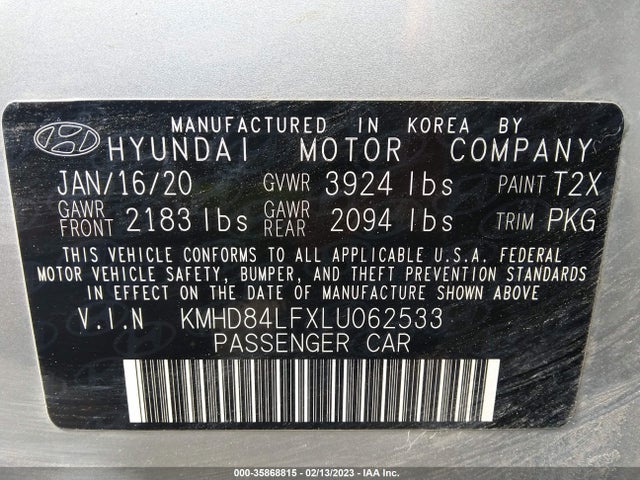 2020 HYUNDAI ELANTRA LIMITED VIN: KMHD84LFXLU062533