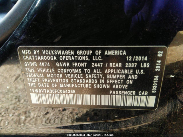 1VWBV7A30FC054365 Volkswagen Passat 2.0l Tdi Se W/sunroof
