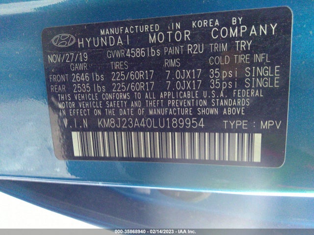 2020 Hyundai Tucson, VIN: KM8J23A40LU189954