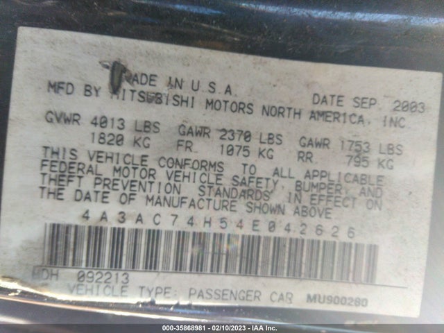 4A3AC74H54E042626 Mitsubishi Eclipse Gts