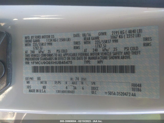 Ford ESCAPE SE 2017 1FMCU9G9XHUB45475 Image 9