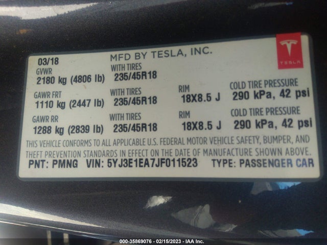 2018 Tesla 3, VIN: 5YJ3E1EA7JF011523