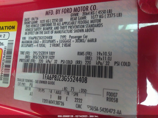 2016 Ford Mustang, VIN: 1FA6P8JZ3G5524408