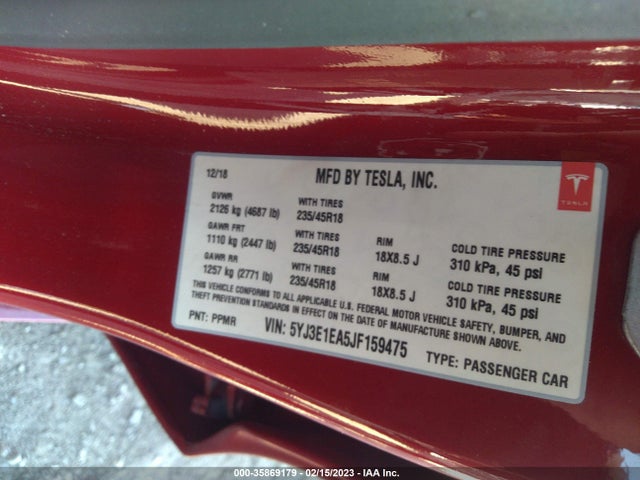Tesla Model 3 Range Battery 2018 5YJ3E1EA5JF159475 Image 9