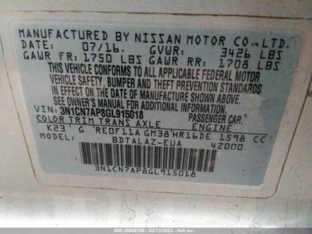 3N1CN7AP8GL915018 Nissan Versa S Plus