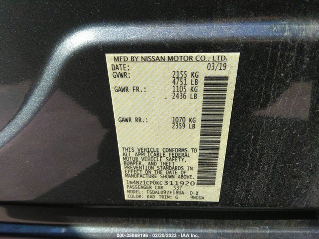 2019 Nissan Leaf, VIN: 1N4BZ1CP0KC311920