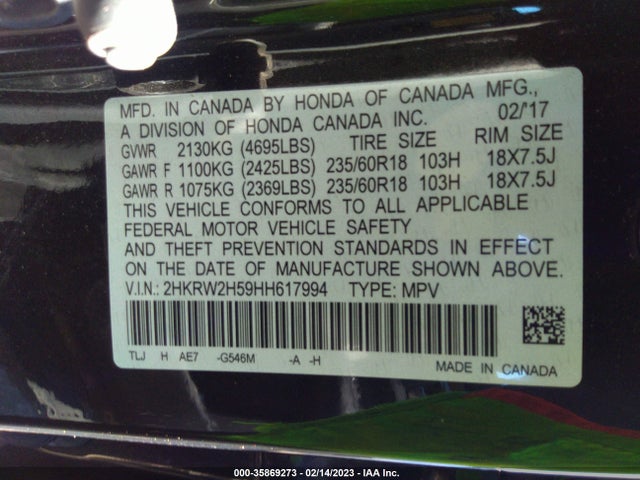 Auction sale of the 2017 Honda Cr-v Ex, vin: 2HKRW2H59HH617994, lot number: 35869273