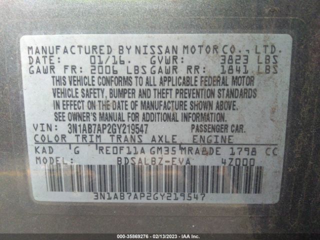 3N1AB7AP2GY219547 Nissan SENTRA S