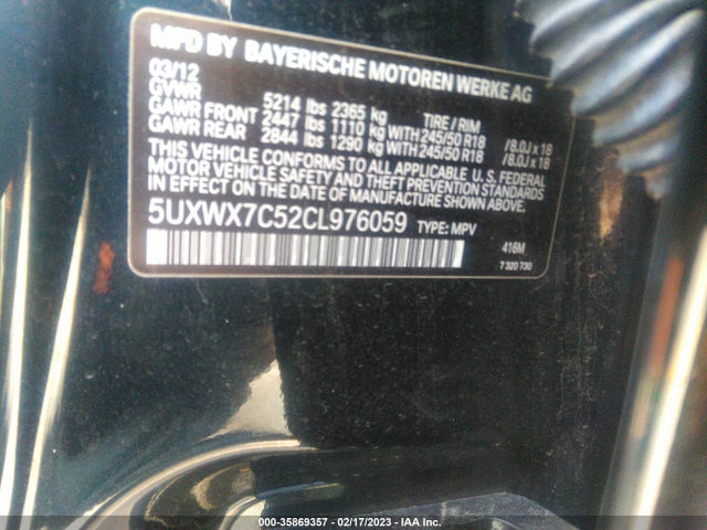 2012 BMW X3 35I VIN: 5UXWX7C52CL976059