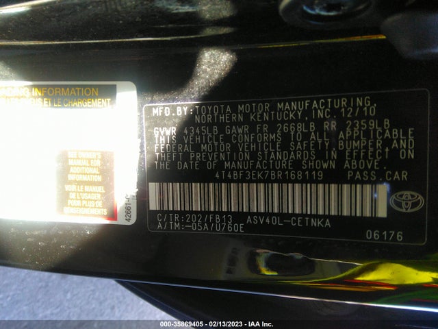 2011 TOYOTA CAMRY VIN: 4T4BF3EK7BR168119