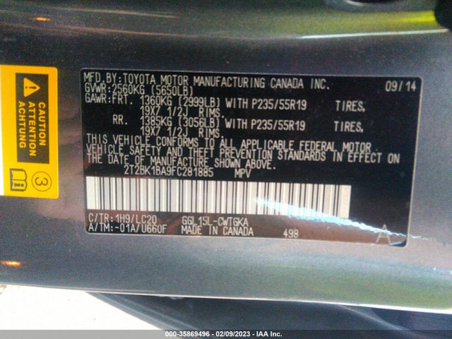 2015 Lexus RX, VIN: 2T2BK1BA9FC281885