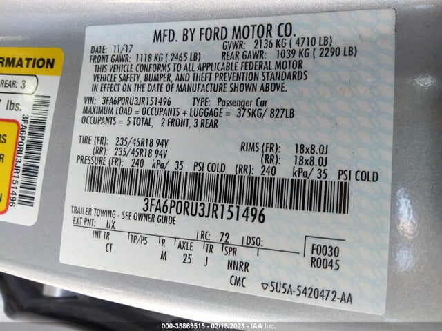 2018 Ford Fusion, VIN: 3FA6P0RU3JR151496