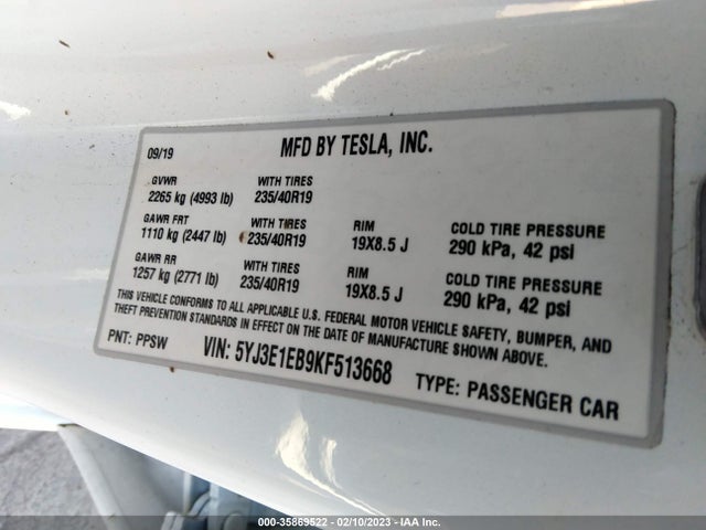 Tesla Model 3 Long Range/performance 2019 5YJ3E1EB9KF513668 Image 10