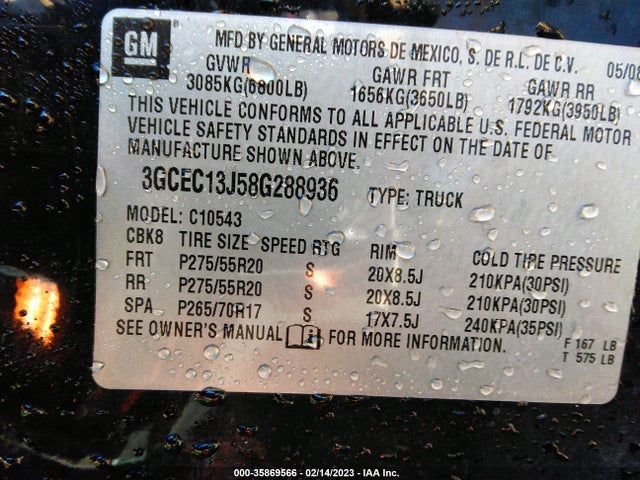 2008 CHEVROLET SILVERADO 1500 LT W/1LT VIN: 3GCEC13J58G288936