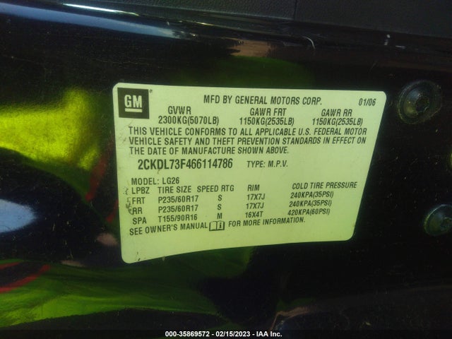 2006 PONTIAC TORRENT VIN: 2CKDL73F466114786