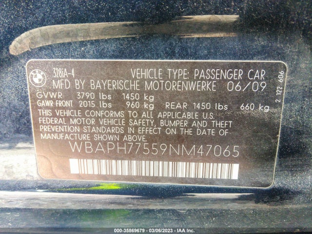 2009 BMW 3 SERIES 328I VIN: WBAPH77559NM47065