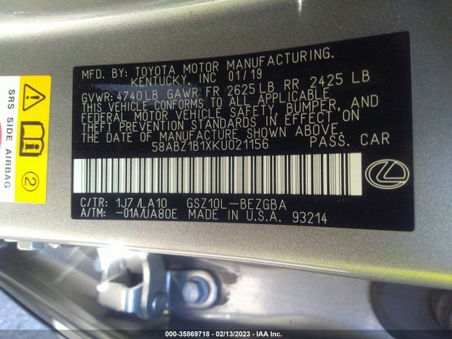 2019 Lexus ES, VIN: 58ABZ1B1XKU021156