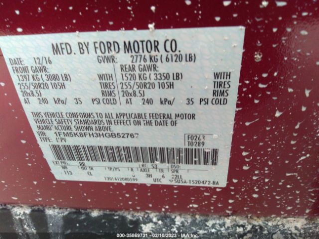 1FM5K8FH3HGB52767 Ford Explorer Limited