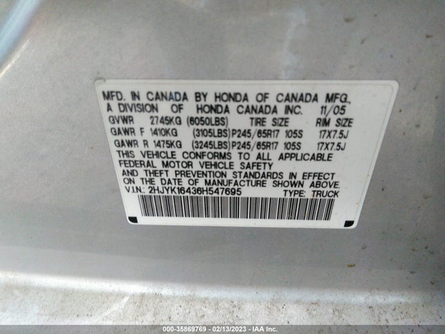 Honda Ridgeline Rts 2006 2HJYK16436H547695 Image 10