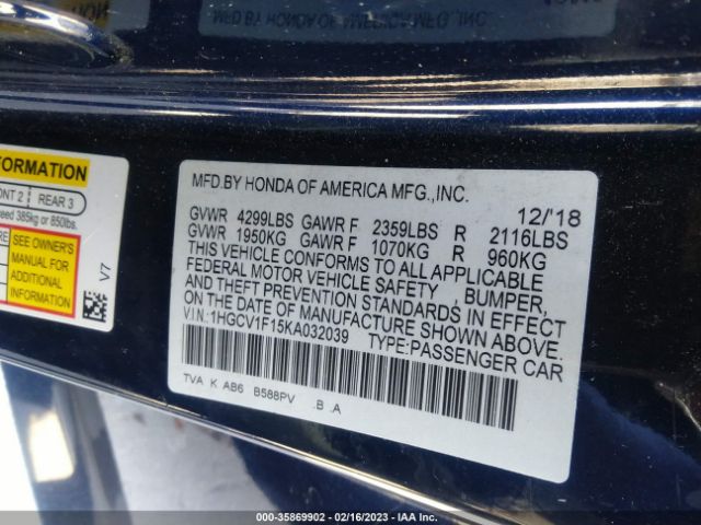 1HGCV1F15KA032039 Honda Accord Sedan Lx 1.5t