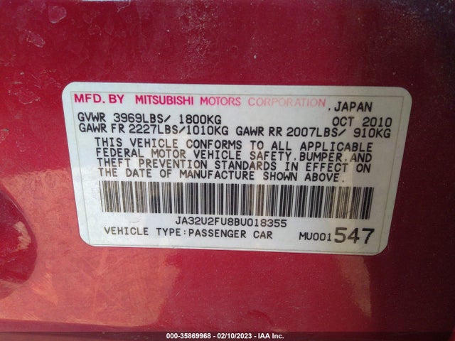 2011 MITSUBISHI LANCER ES VIN: JA32U2FU8BU018355