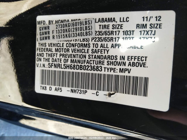 2013 HONDA ODYSSEY EX-L VIN: 5FNRL5H68DB023683